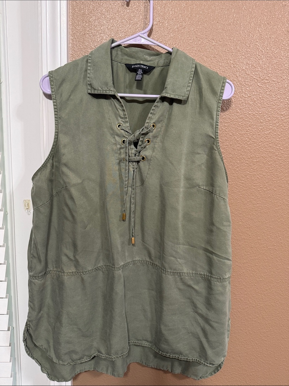 🥳 7/$10!! Ellen Tracy Olive Green Lace-Up Collared Sleeveless Top - XL